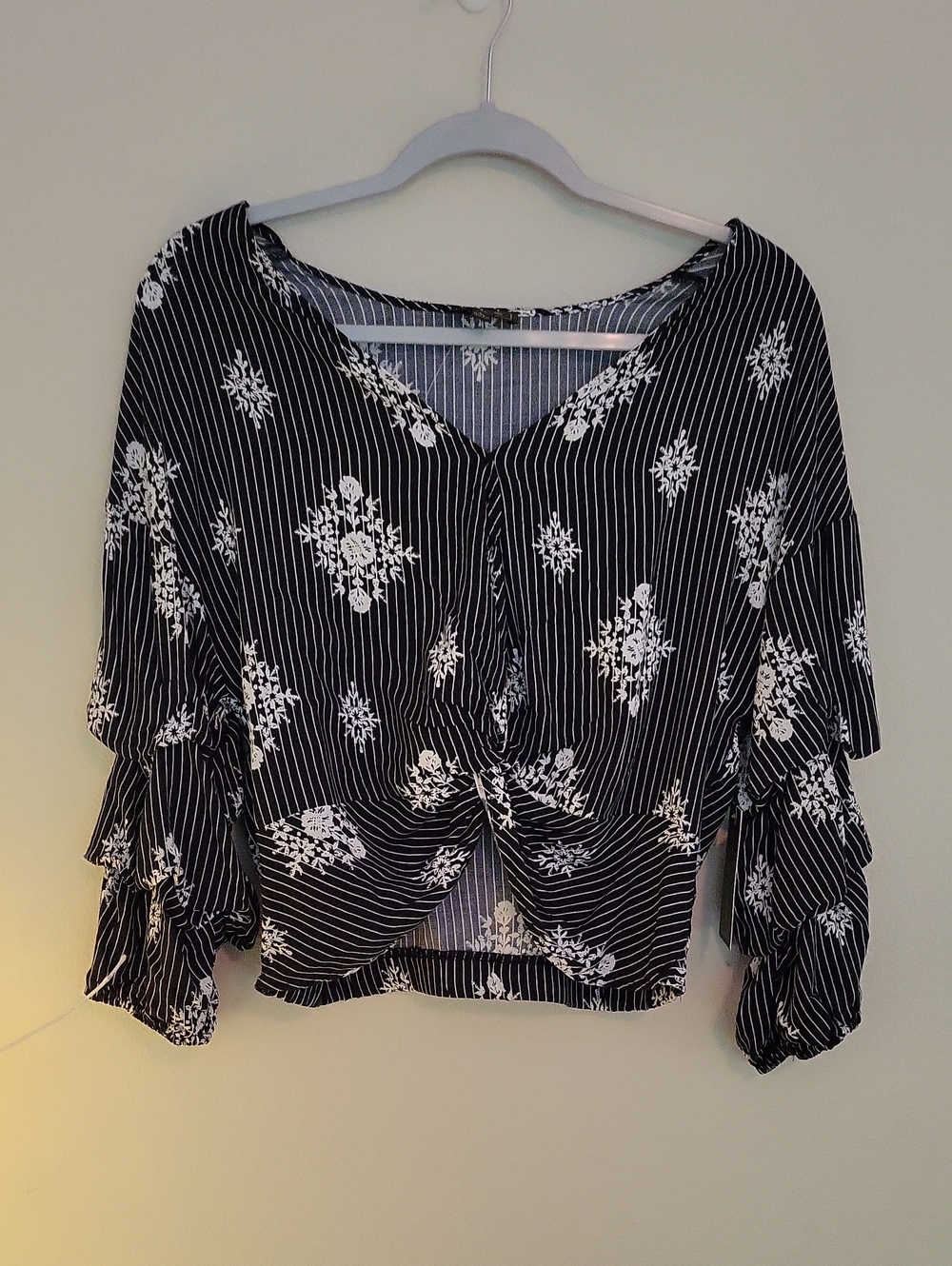 OLM Black & White Striped Floral Knot-Front Blouse